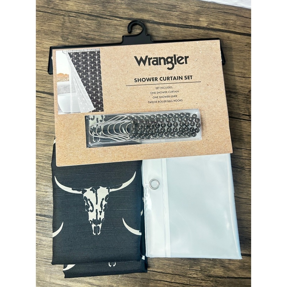 Wrangler Black Longhorn Steer Skull Shower Curtain Set 14pc Western Farmhouse